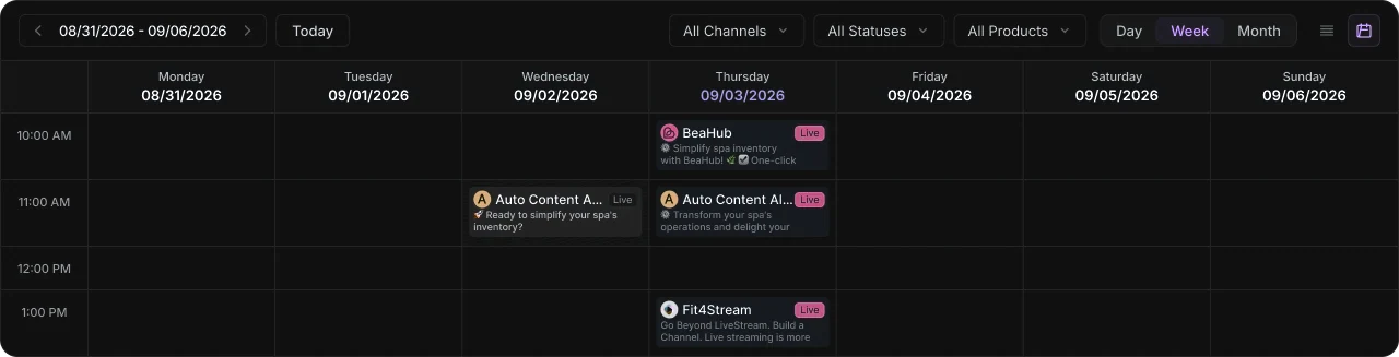 SocialMind's content calendar for one week: seven days of scheduled posts, each showing its channel and status.