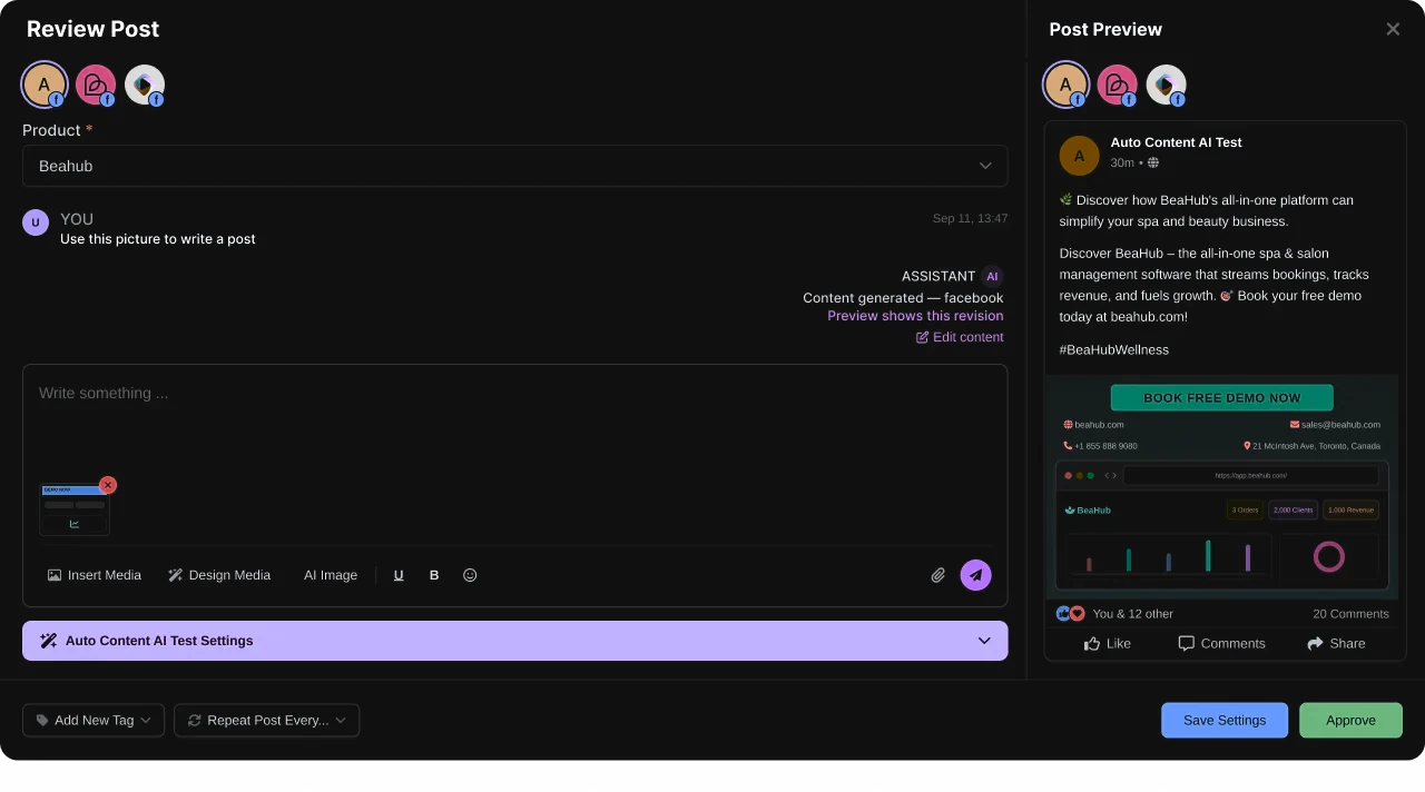 SocialMind's post review screen: a generated post and the assistant's note on the left, and the live preview with its auto content test settings on the right.