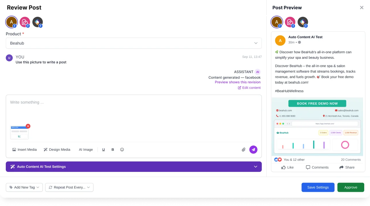 SocialMind's post review screen: a generated post and the assistant's note on the left, and the live preview with its auto content test settings on the right.