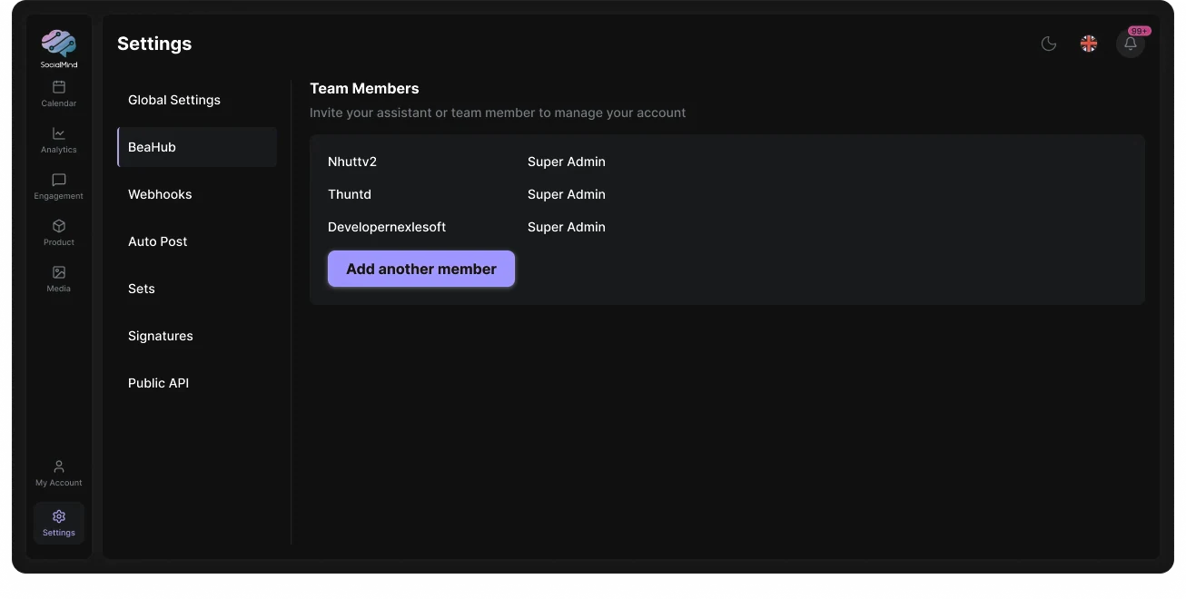 SocialMind's settings screen: a sidebar of product areas beside the team members list, where members are super admins and another can be invited.
