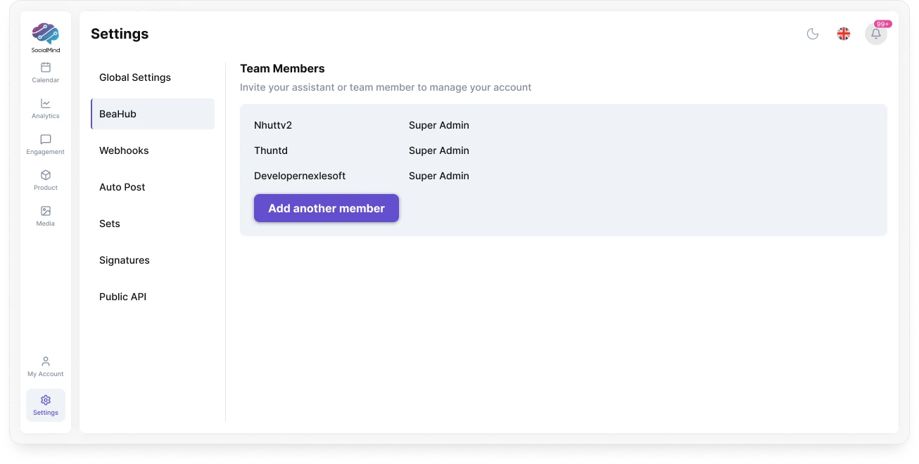 SocialMind's settings screen: a sidebar of product areas beside the team members list, where members are super admins and another can be invited.